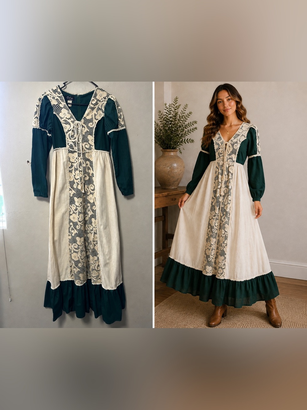 Vtg Gunne Sax Prairie Dress Green Maxi Black Label Sz 11 Cottage Renaissance